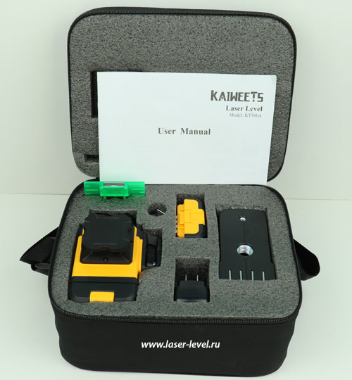 Комплект поставки лазерного уровня Kaiweets KT360A уложенный в сумку.