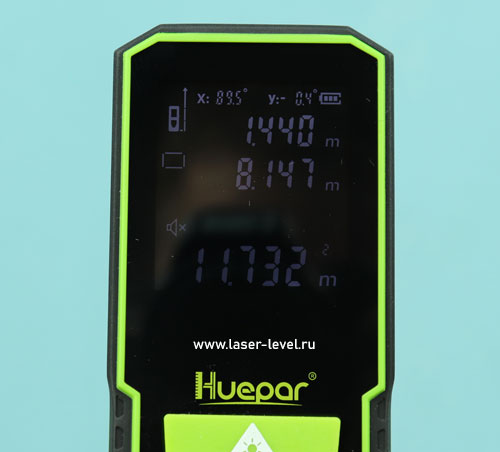 На экране дальномера Huepar S60 функция вычисления площади.