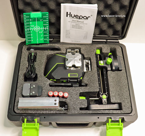 Комплект поставки лазерного уровня Huepar S04CG